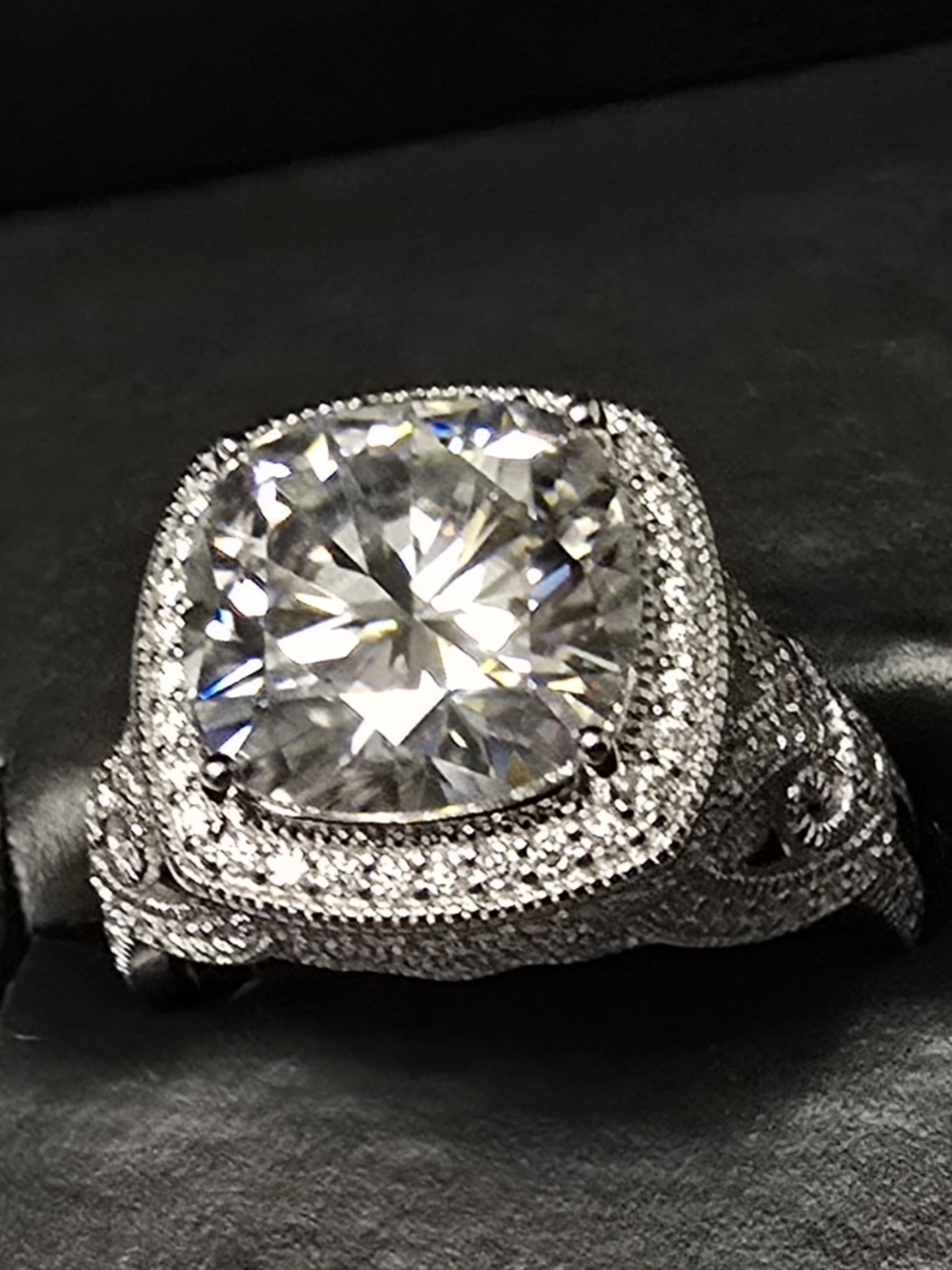 JTV 2025 Holiday Moissanite Pave Halo Cushion-Cut Ring Sz 7